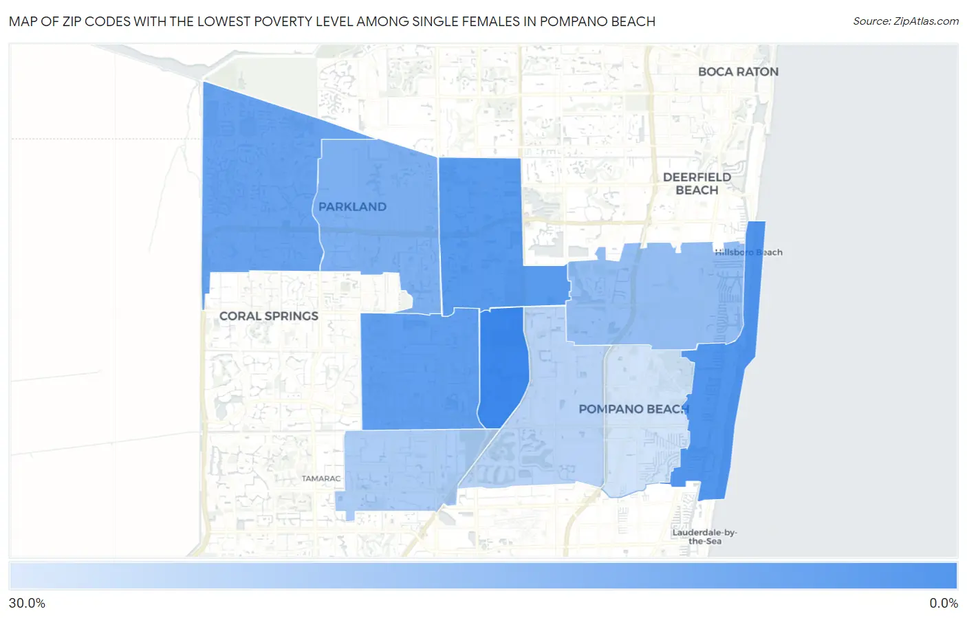 Zip Codes with the Lowest Poverty Level Among Single Females in Pompano Beach Map