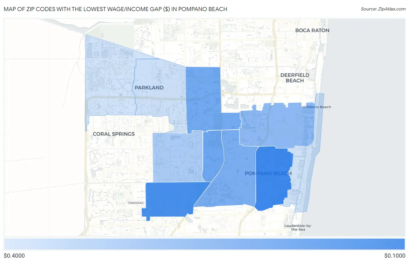 Zip Codes with the Lowest Wage/Income Gap ($) in Pompano Beach Map
