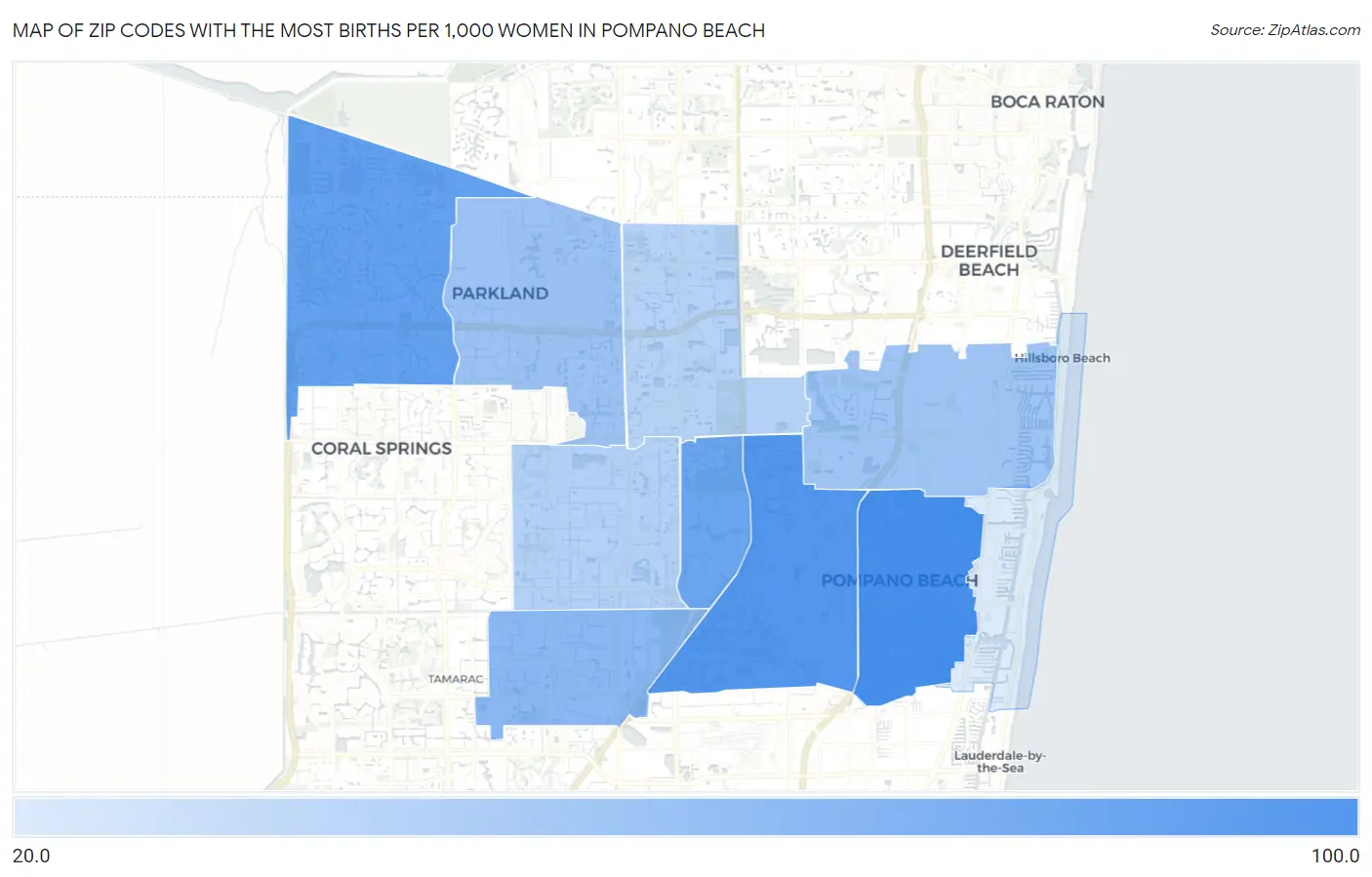 Zip Codes with the Most Births per 1,000 Women in Pompano Beach Map