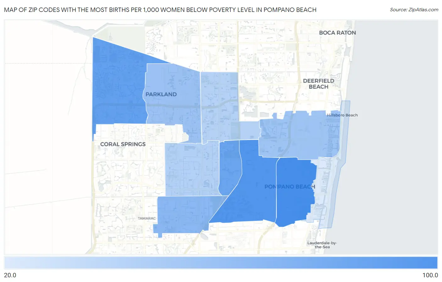 Zip Codes with the Most Births per 1,000 Women Below Poverty Level in Pompano Beach Map