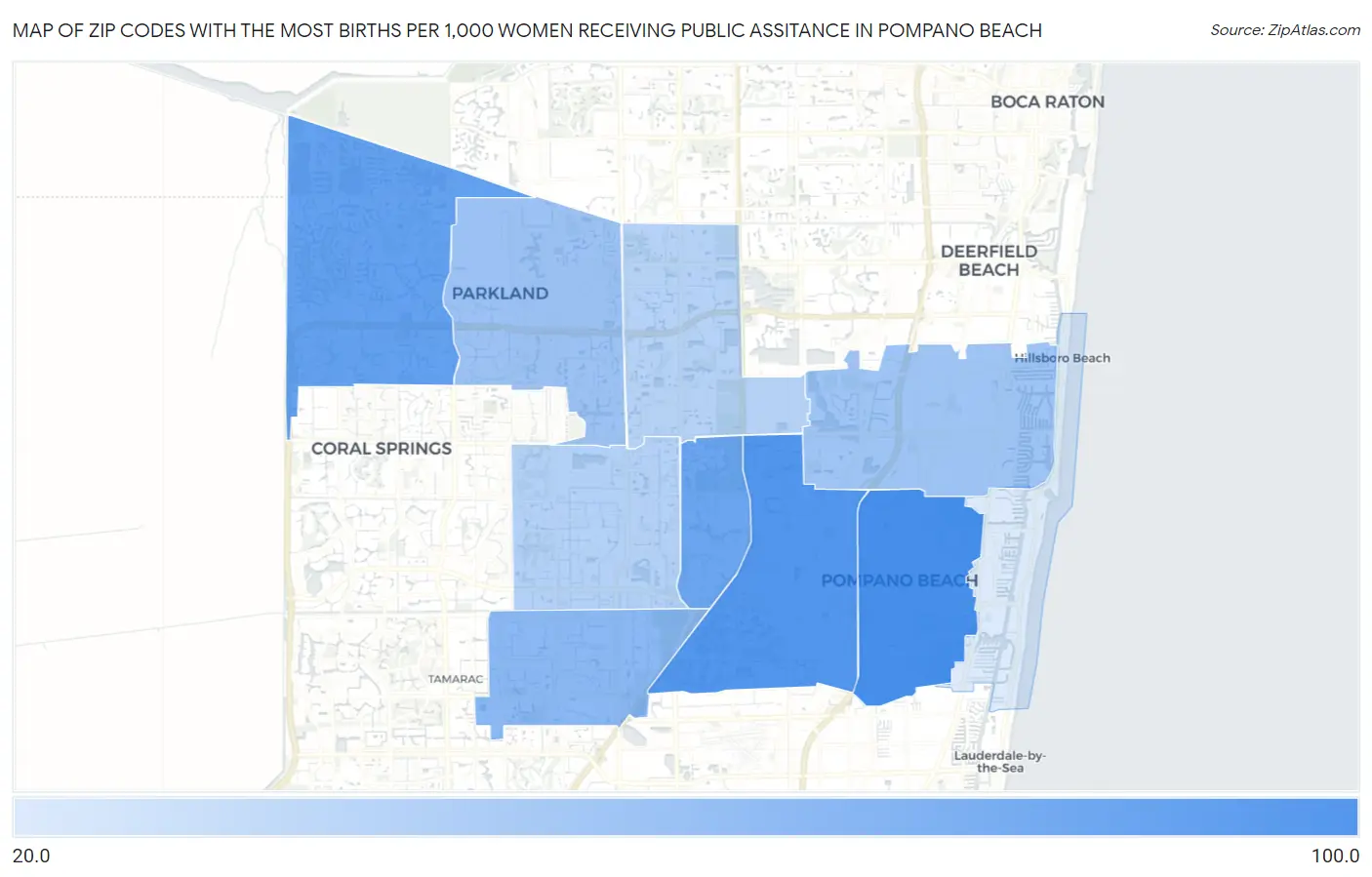 Zip Codes with the Most Births per 1,000 Women Receiving Public Assitance in Pompano Beach Map
