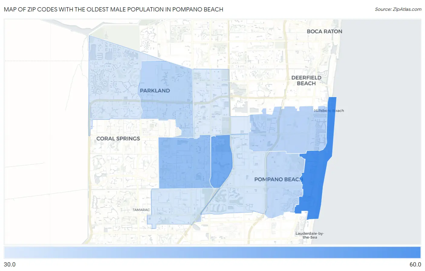 Zip Codes with the Oldest Male Population in Pompano Beach Map