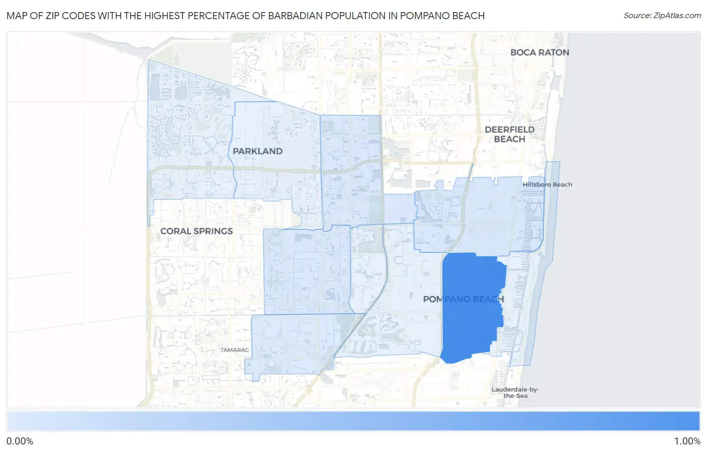 Zip Codes with the Highest Percentage of Barbadian Population in Pompano Beach Map