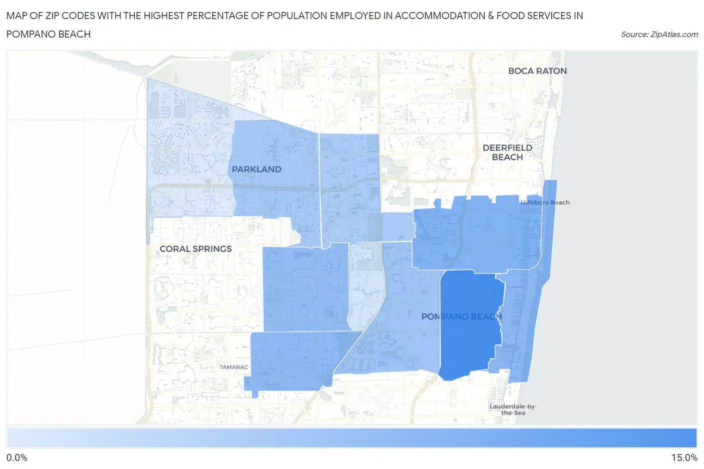 Zip Codes with the Highest Percentage of Population Employed in Accommodation & Food Services in Pompano Beach Map