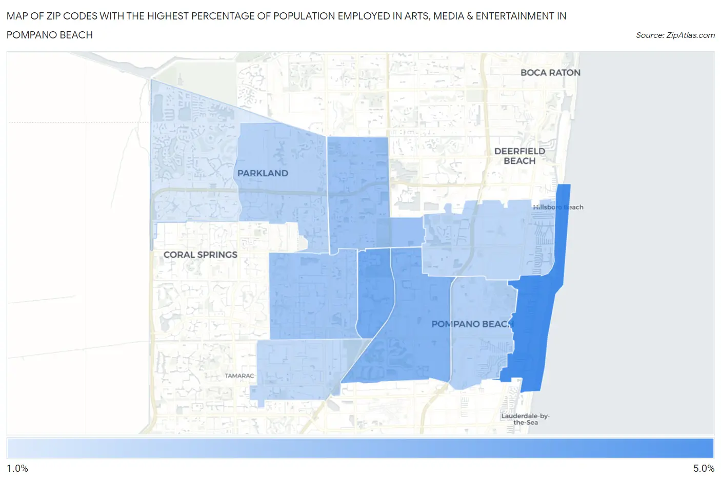 Zip Codes with the Highest Percentage of Population Employed in Arts, Media & Entertainment in Pompano Beach Map