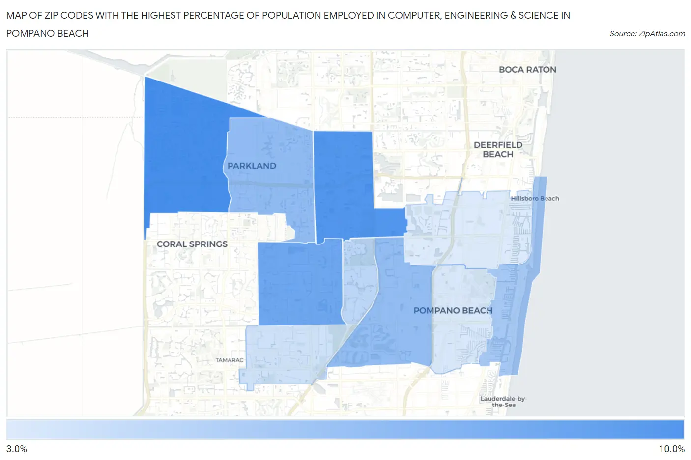 Zip Codes with the Highest Percentage of Population Employed in Computer, Engineering & Science in Pompano Beach Map