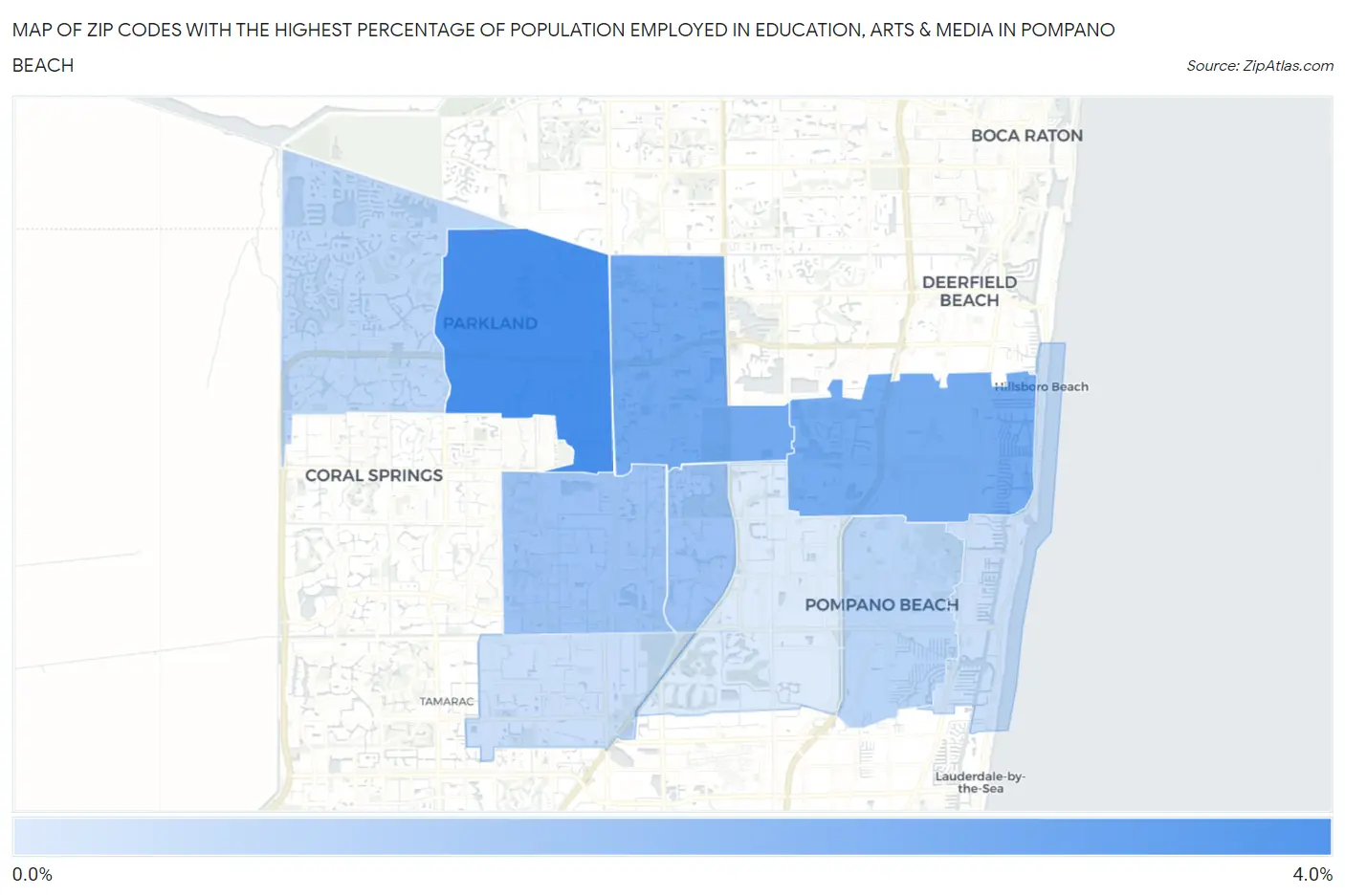 Zip Codes with the Highest Percentage of Population Employed in Education, Arts & Media in Pompano Beach Map
