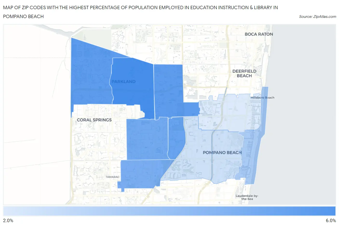 Zip Codes with the Highest Percentage of Population Employed in Education Instruction & Library in Pompano Beach Map