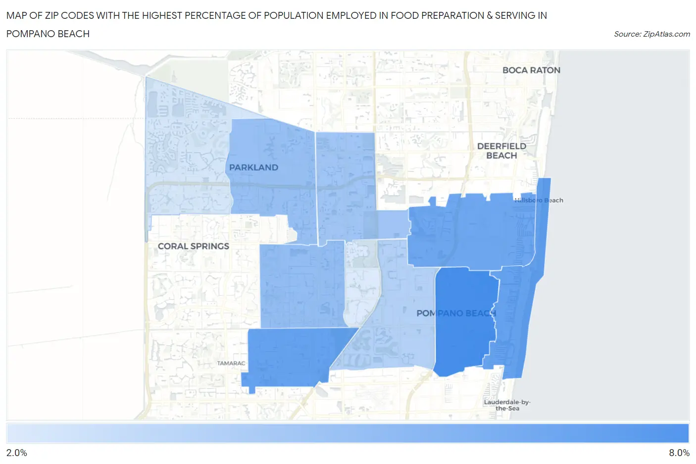 Zip Codes with the Highest Percentage of Population Employed in Food Preparation & Serving in Pompano Beach Map