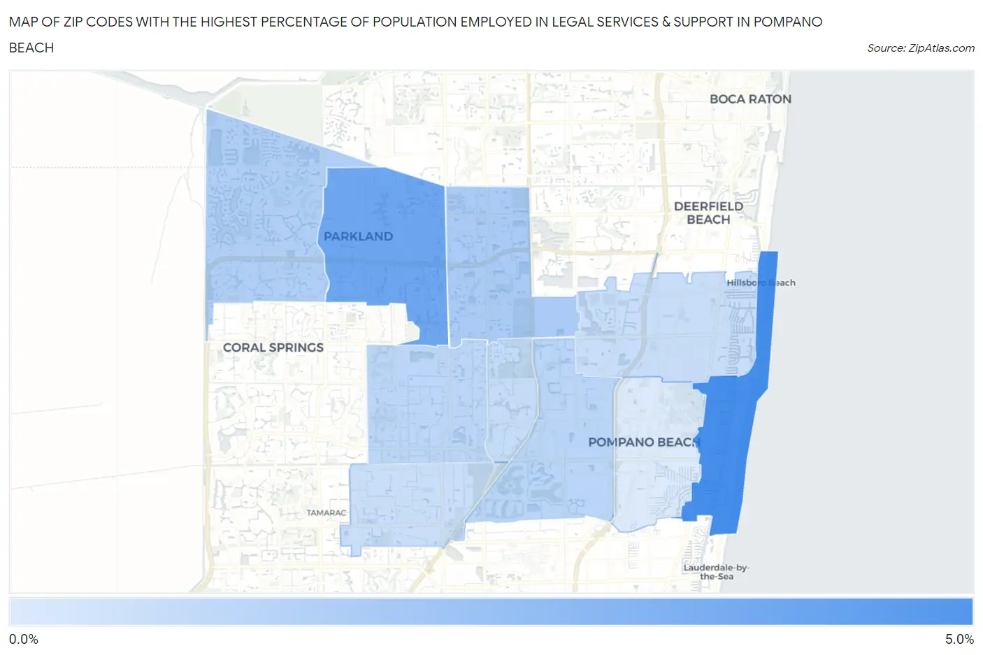Zip Codes with the Highest Percentage of Population Employed in Legal Services & Support in Pompano Beach Map