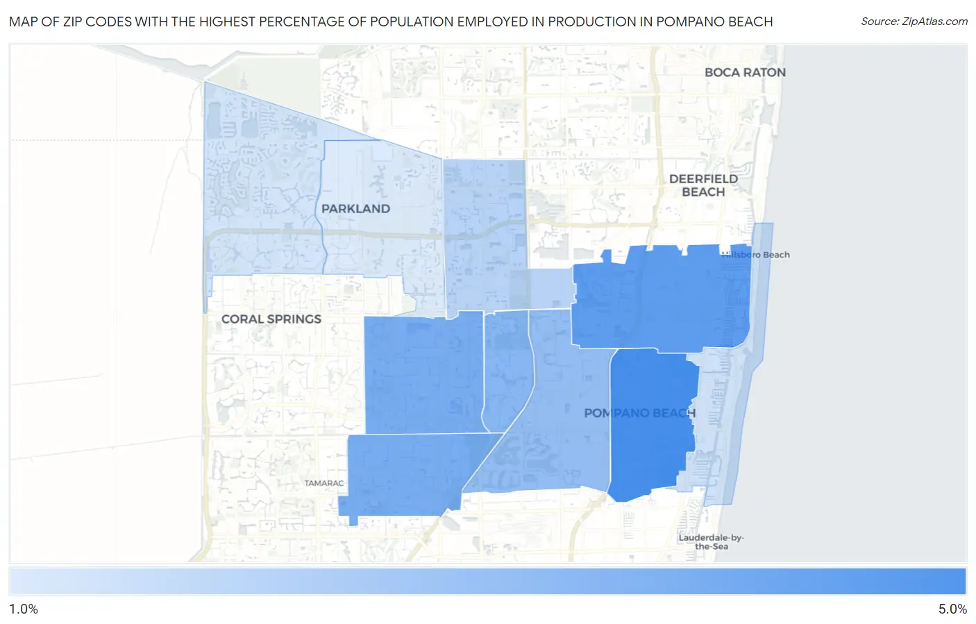 Zip Codes with the Highest Percentage of Population Employed in Production in Pompano Beach Map