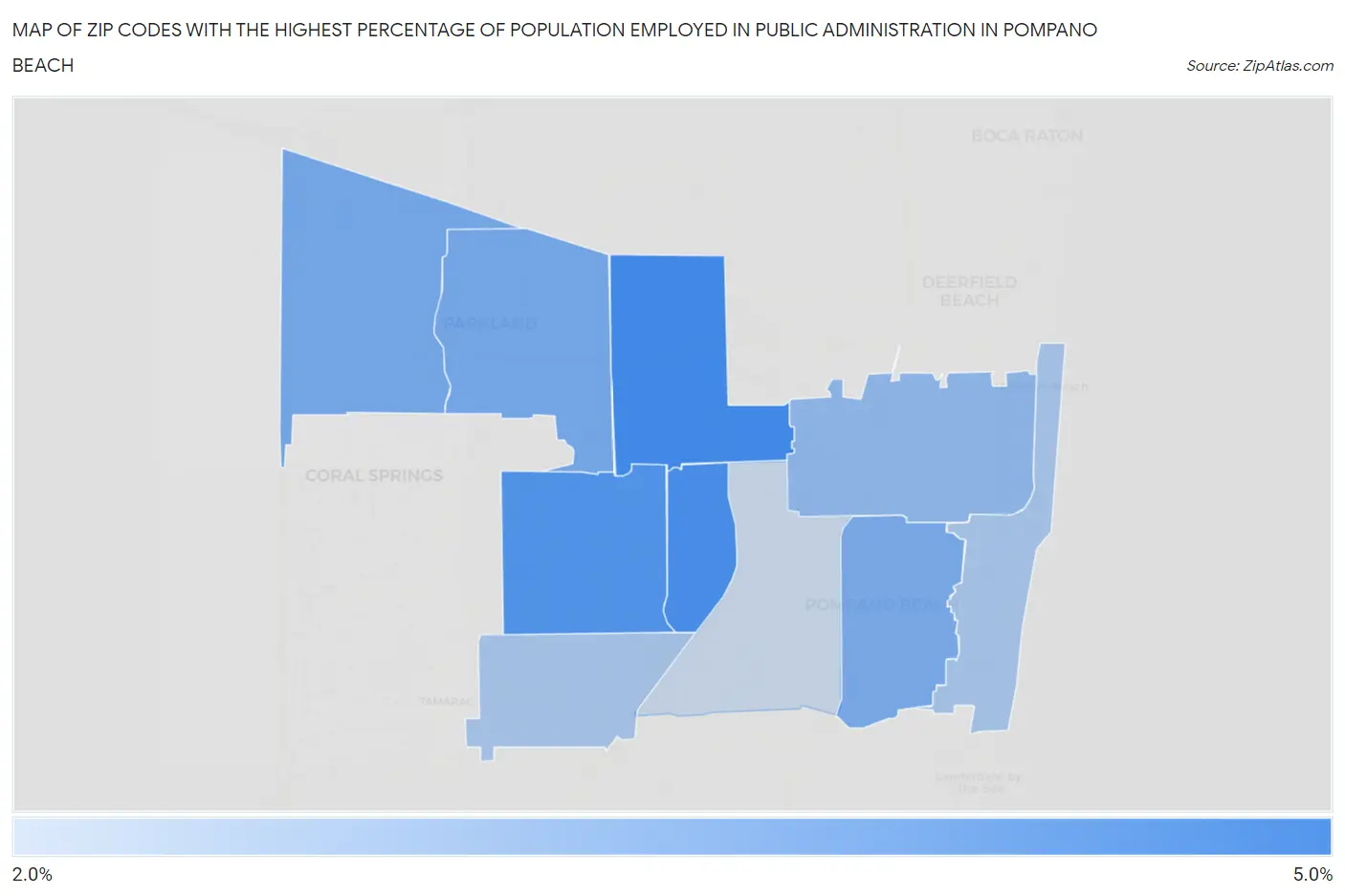 Zip Codes with the Highest Percentage of Population Employed in Public Administration in Pompano Beach Map