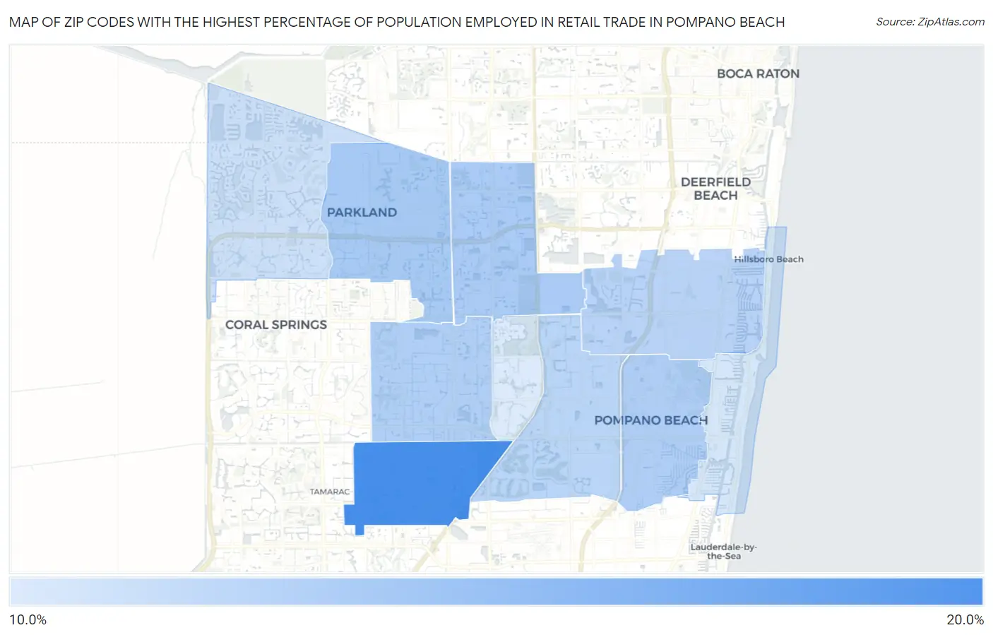 Zip Codes with the Highest Percentage of Population Employed in Retail Trade in Pompano Beach Map