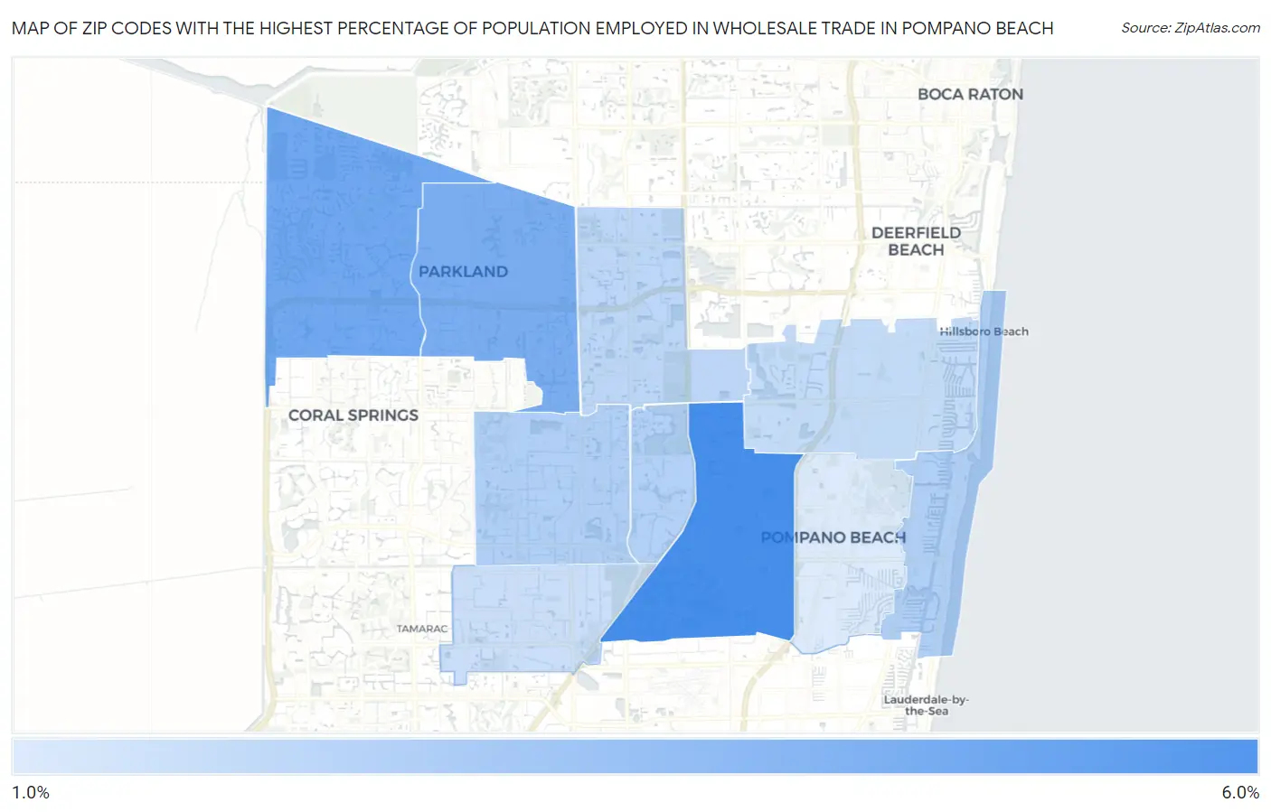 Zip Codes with the Highest Percentage of Population Employed in Wholesale Trade in Pompano Beach Map