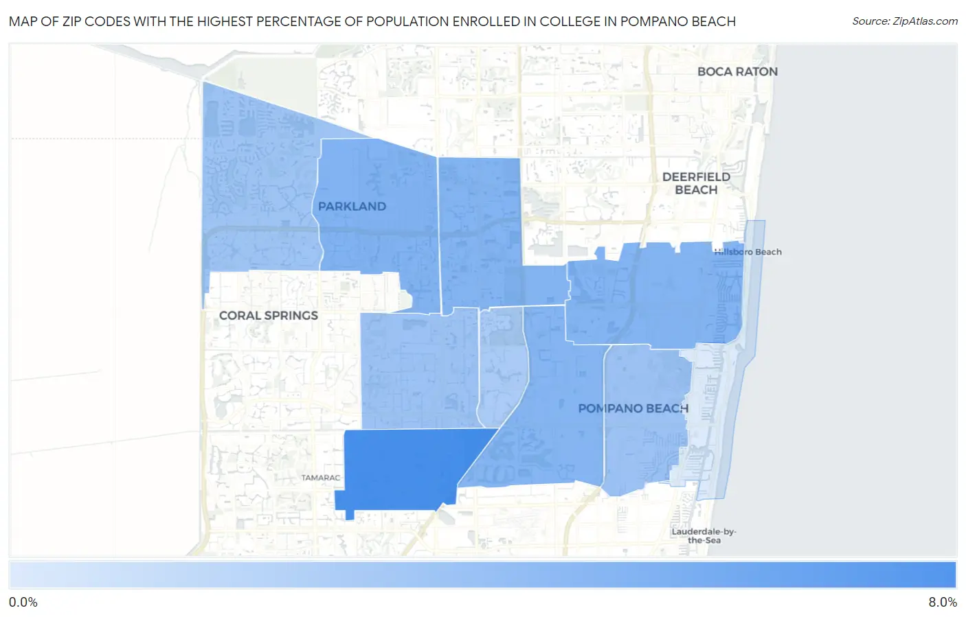 Zip Codes with the Highest Percentage of Population Enrolled in College in Pompano Beach Map
