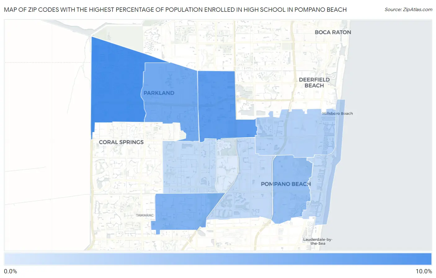 Zip Codes with the Highest Percentage of Population Enrolled in High School in Pompano Beach Map