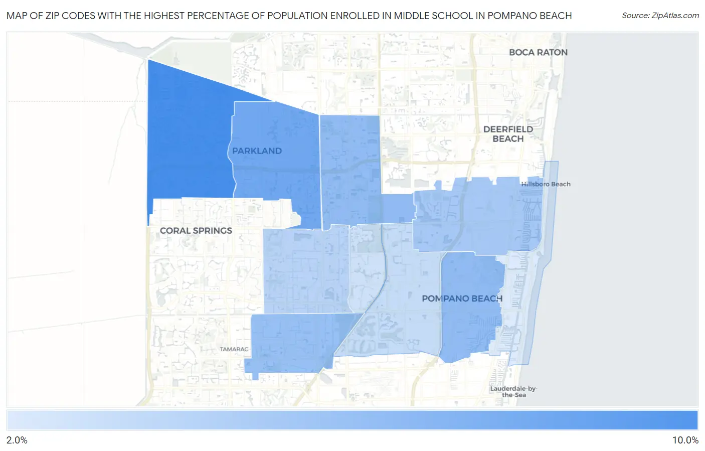 Zip Codes with the Highest Percentage of Population Enrolled in Middle School in Pompano Beach Map