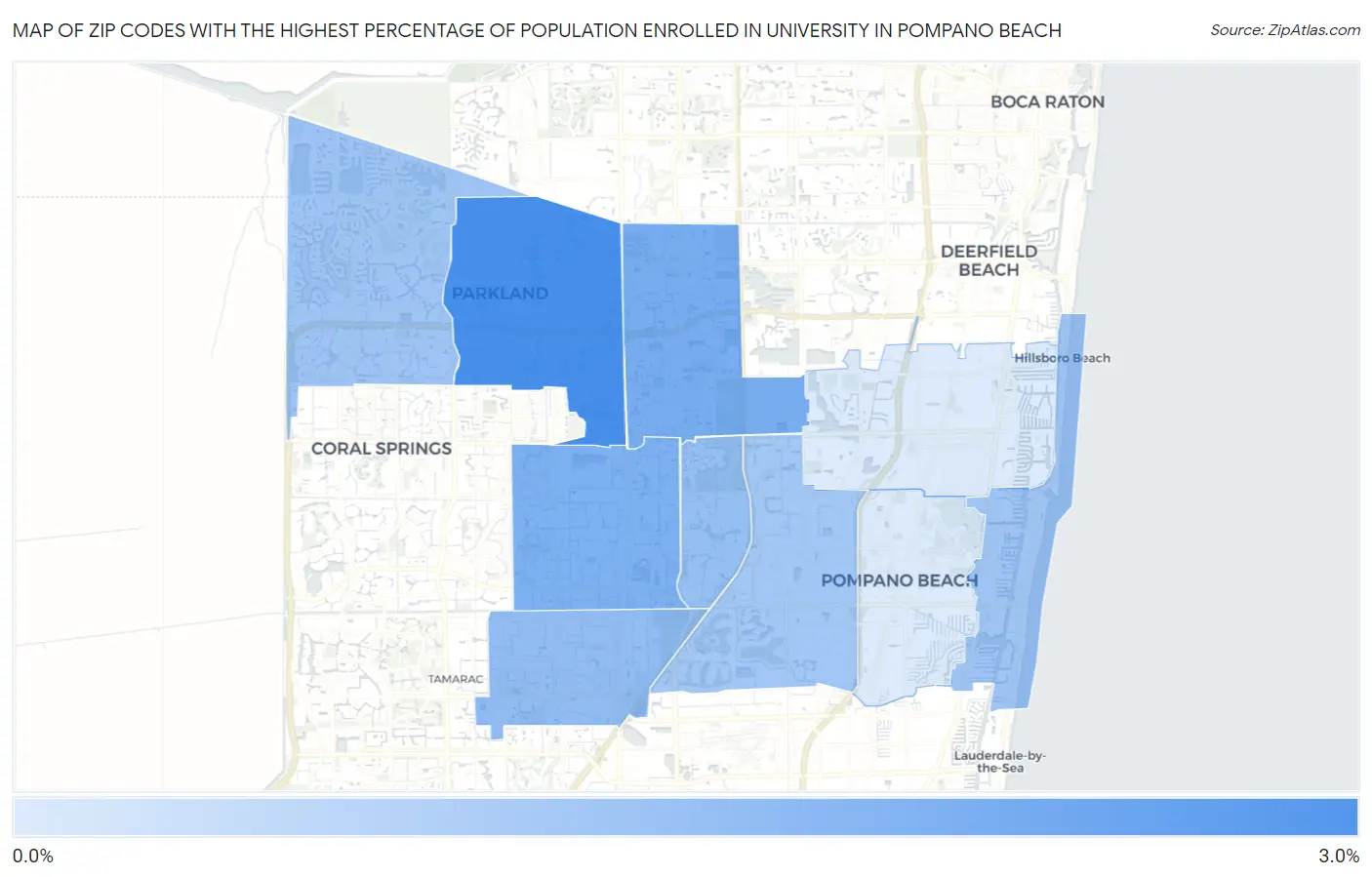 Zip Codes with the Highest Percentage of Population Enrolled in University in Pompano Beach Map