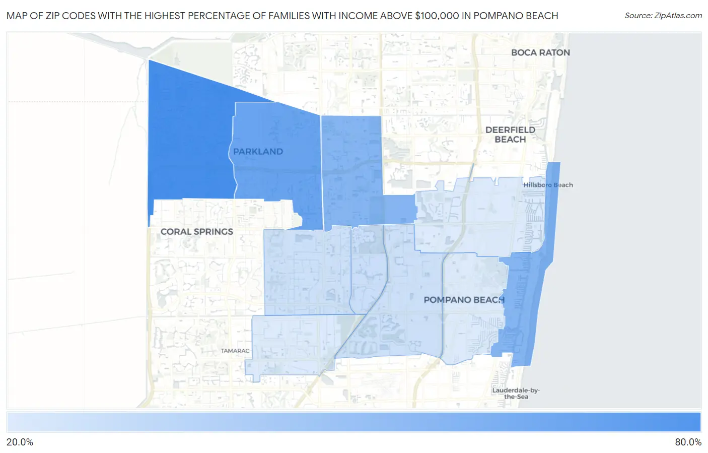 Zip Codes with the Highest Percentage of Families with Income Above $100,000 in Pompano Beach Map