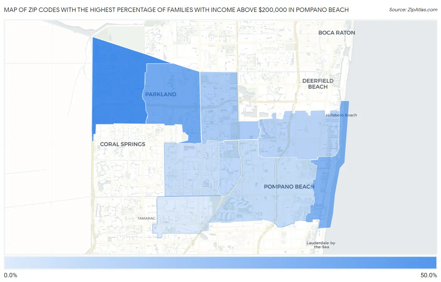 Zip Codes with the Highest Percentage of Families with Income Above $200,000 in Pompano Beach Map