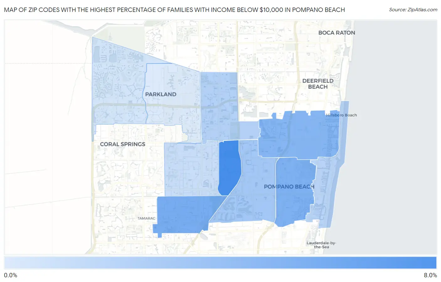Zip Codes with the Highest Percentage of Families with Income Below $10,000 in Pompano Beach Map