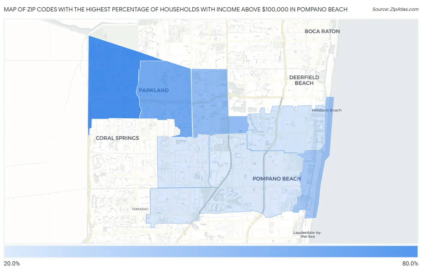 Zip Codes with the Highest Percentage of Households with Income Above $100,000 in Pompano Beach Map