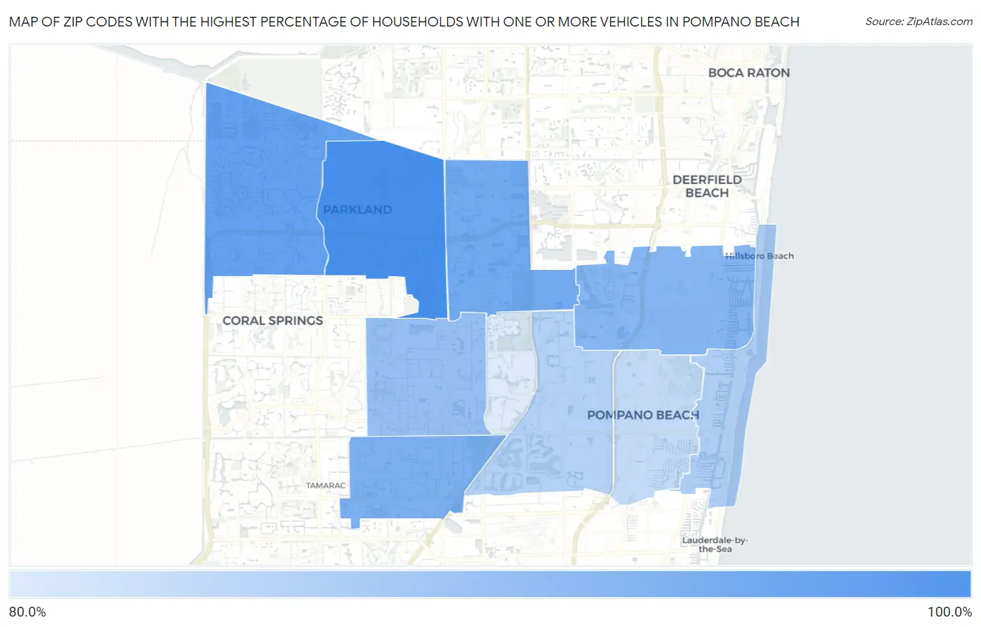 Zip Codes with the Highest Percentage of Households With One or more Vehicles in Pompano Beach Map
