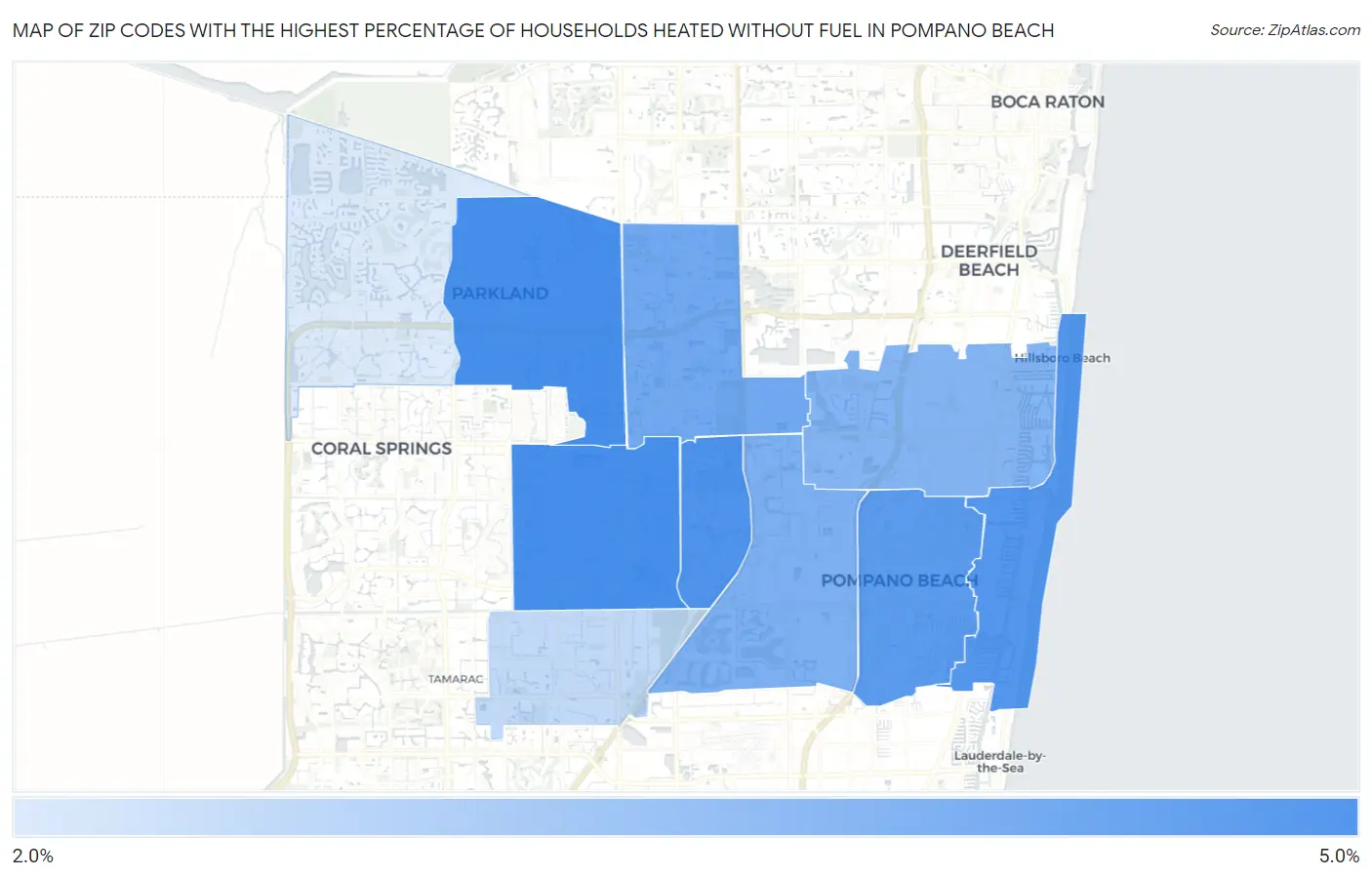 Zip Codes with the Highest Percentage of Households Heated without Fuel in Pompano Beach Map