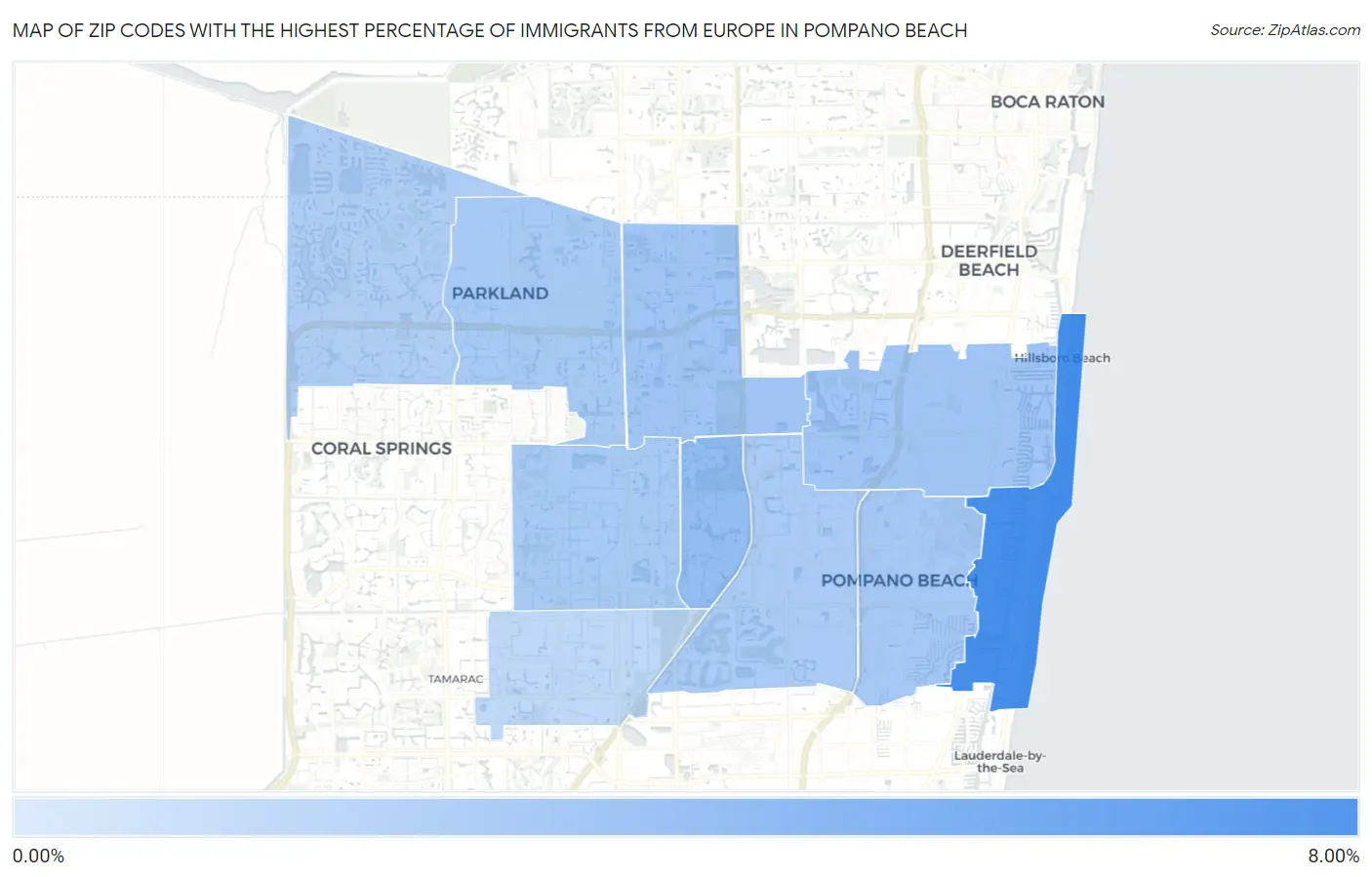 Zip Codes with the Highest Percentage of Immigrants from Europe in Pompano Beach Map