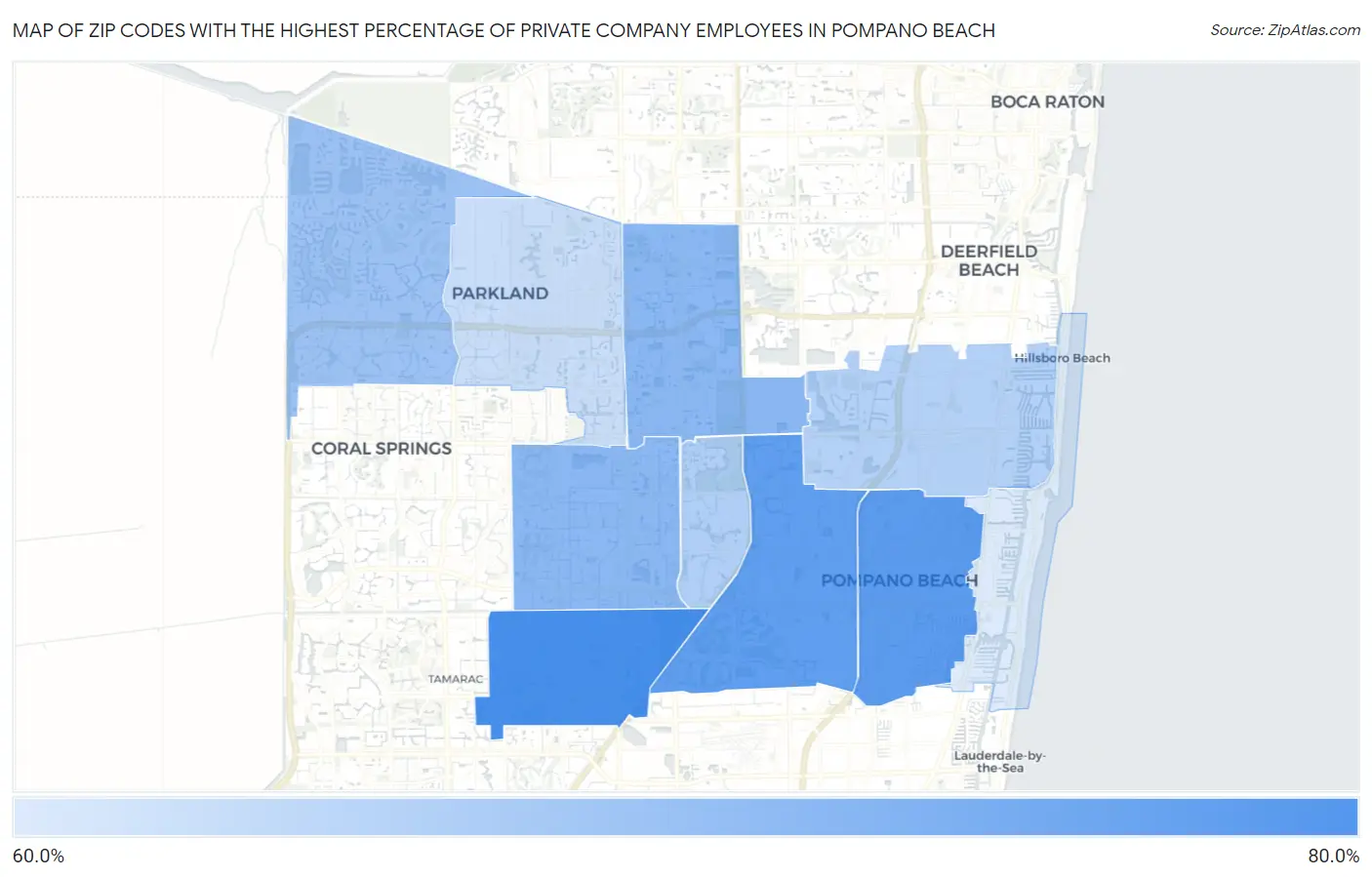 Zip Codes with the Highest Percentage of Private Company Employees in Pompano Beach Map