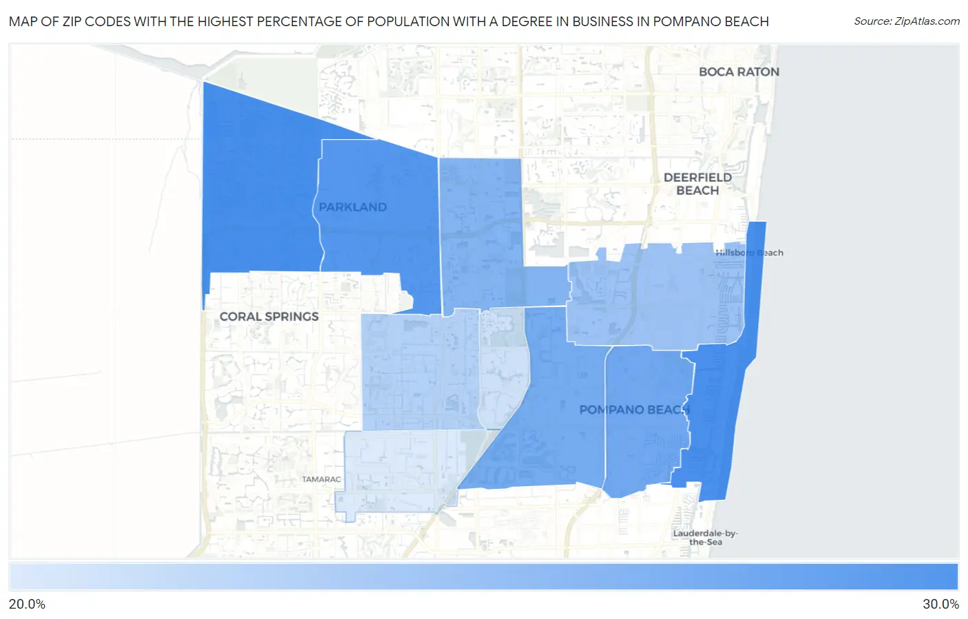 Zip Codes with the Highest Percentage of Population with a Degree in Business in Pompano Beach Map