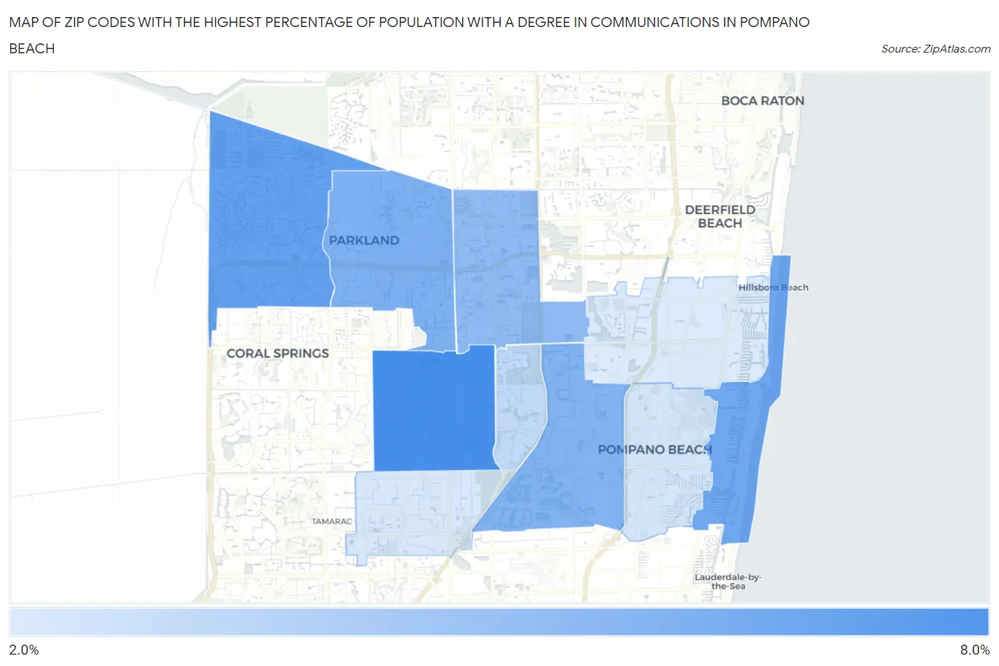 Zip Codes with the Highest Percentage of Population with a Degree in Communications in Pompano Beach Map