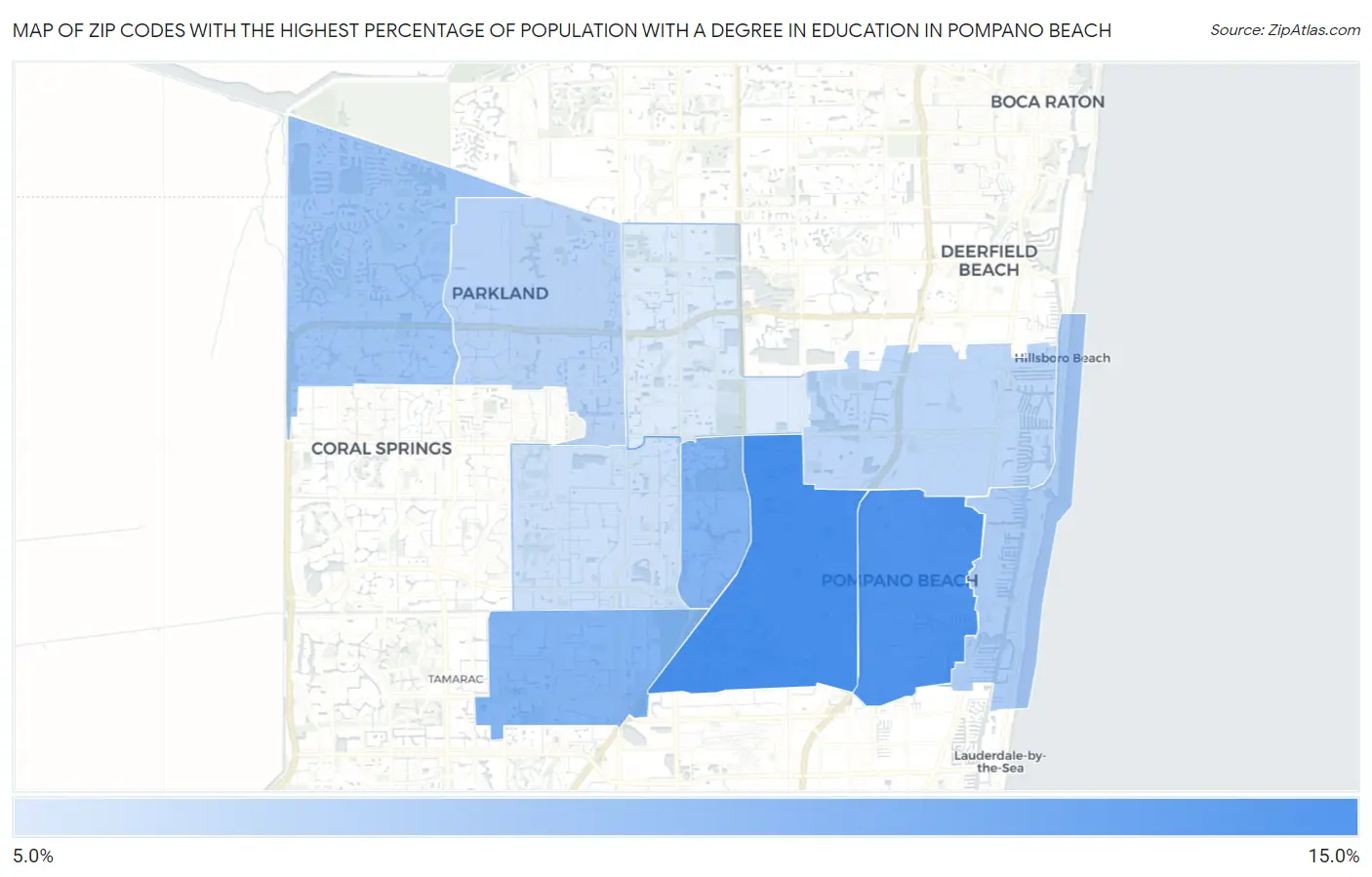 Zip Codes with the Highest Percentage of Population with a Degree in Education in Pompano Beach Map