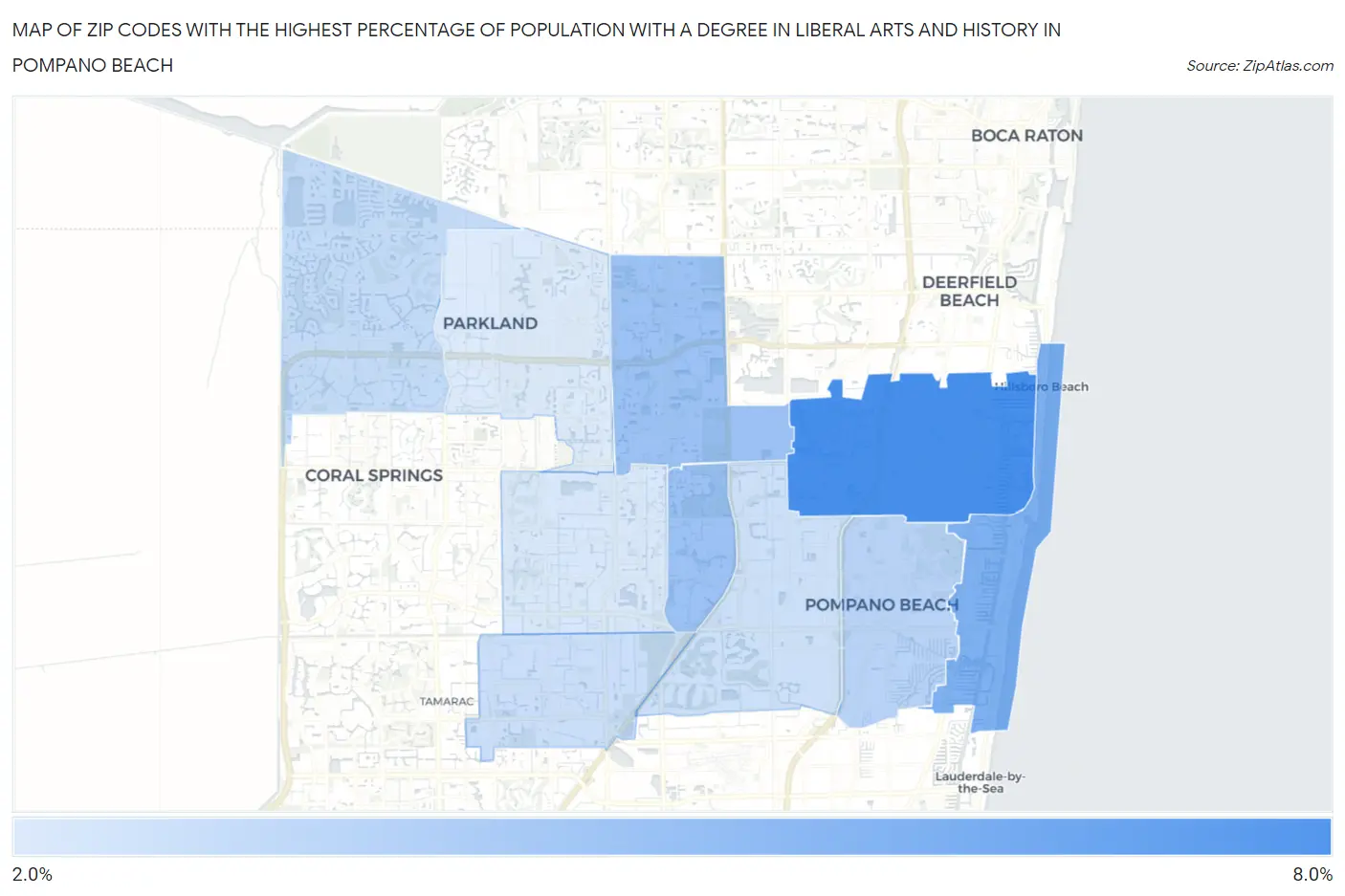 Zip Codes with the Highest Percentage of Population with a Degree in Liberal Arts and History in Pompano Beach Map