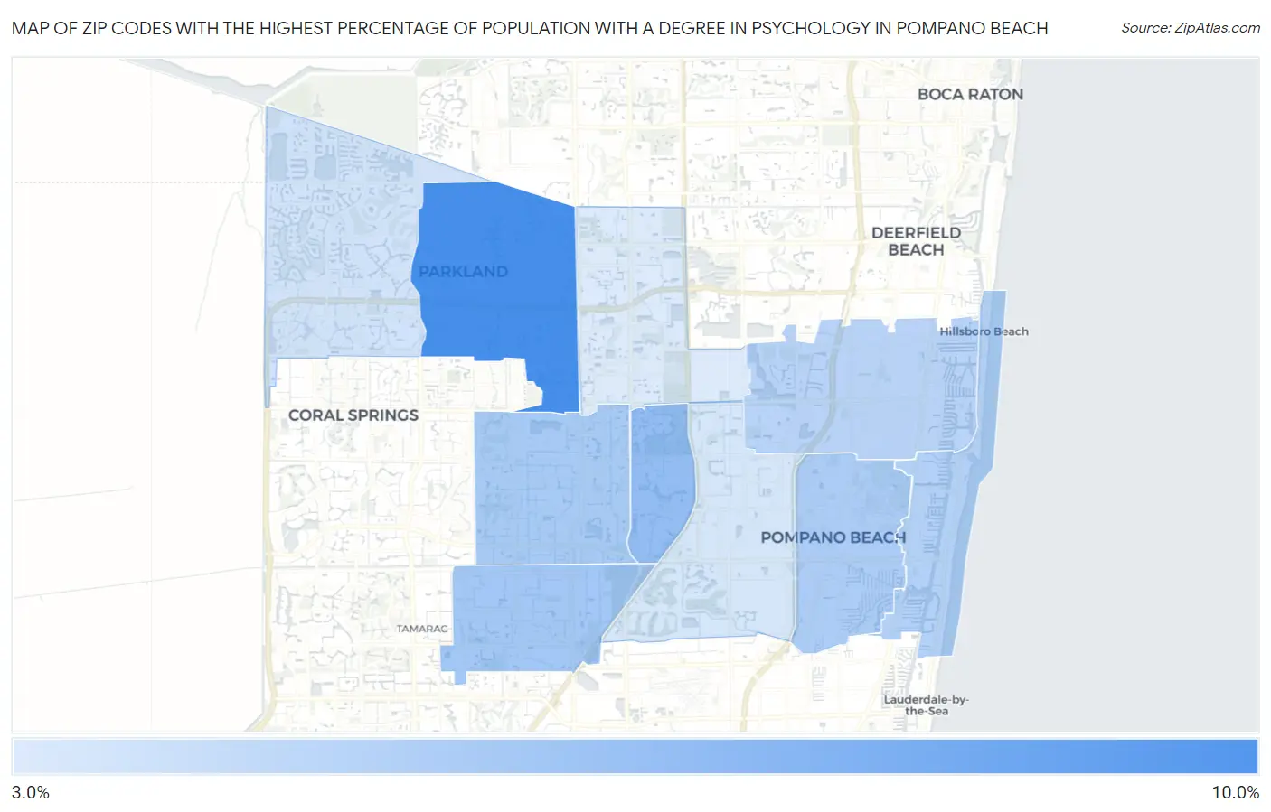 Zip Codes with the Highest Percentage of Population with a Degree in Psychology in Pompano Beach Map