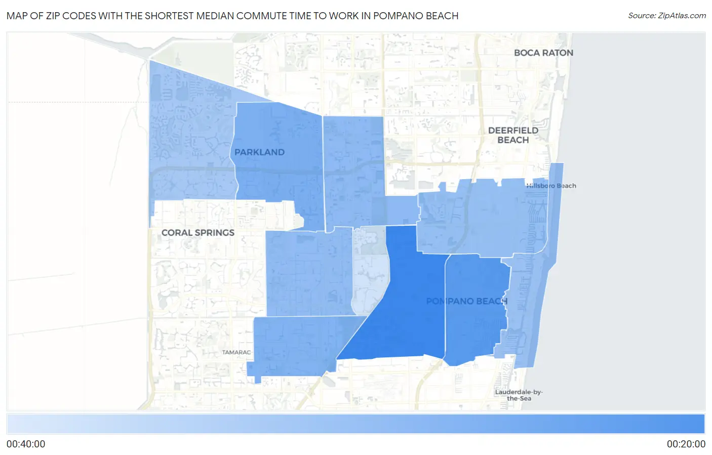 Zip Codes with the Shortest Median Commute Time to Work in Pompano Beach Map