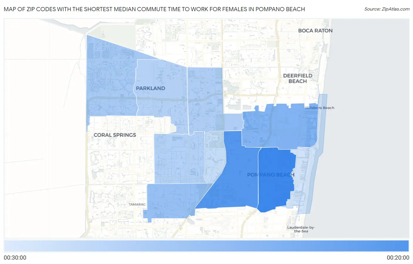 Zip Codes with the Shortest Median Commute Time to Work for Females in Pompano Beach Map