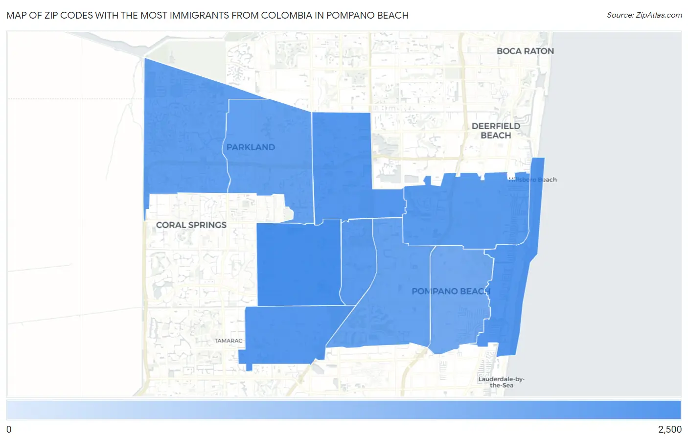 Zip Codes with the Most Immigrants from Colombia in Pompano Beach Map