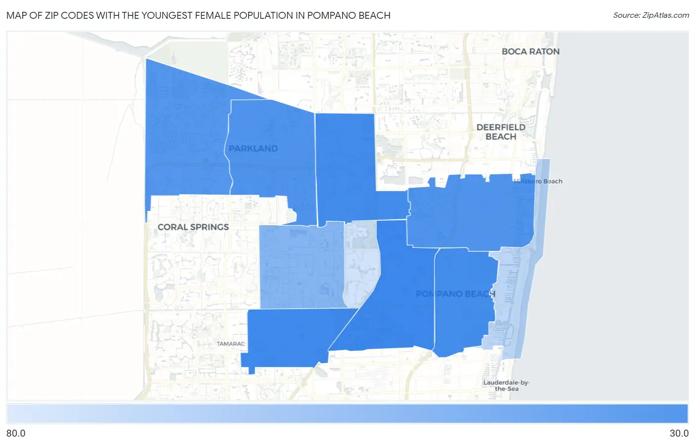 Zip Codes with the Youngest Female Population in Pompano Beach Map