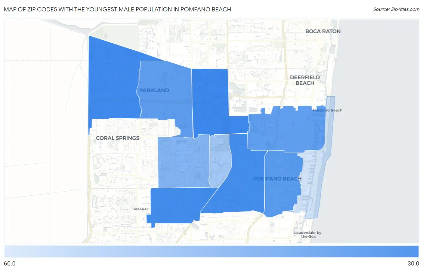 Zip Codes with the Youngest Male Population in Pompano Beach Map
