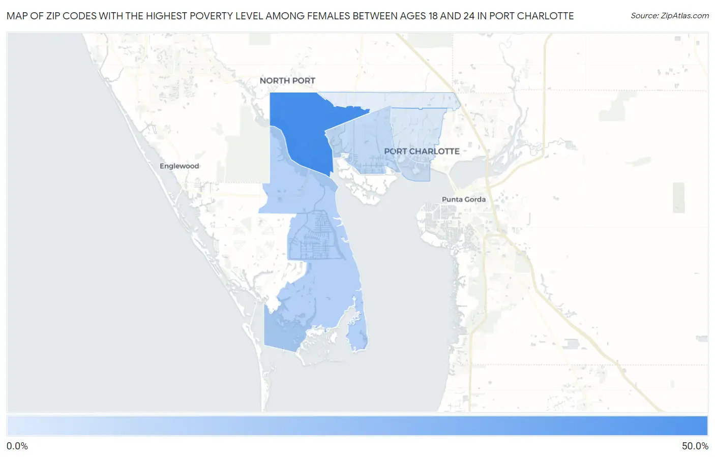 Zip Codes with the Highest Poverty Level Among Females Between Ages 18 and 24 in Port Charlotte Map