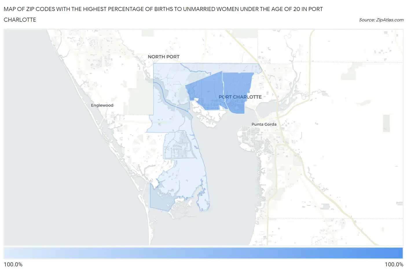 Zip Codes with the Highest Percentage of Births to Unmarried Women under the Age of 20 in Port Charlotte Map