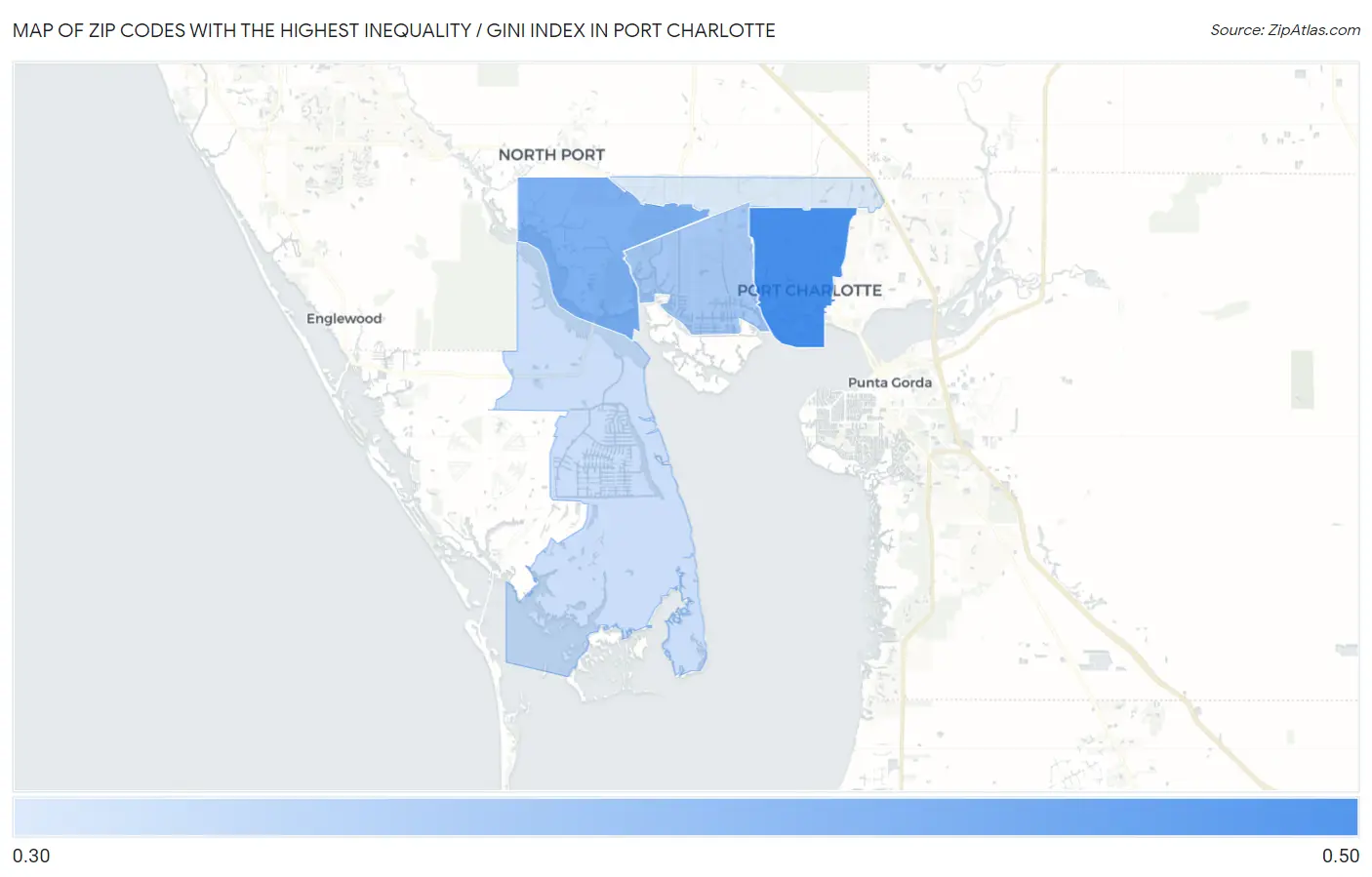 Zip Codes with the Highest Inequality / Gini Index in Port Charlotte Map