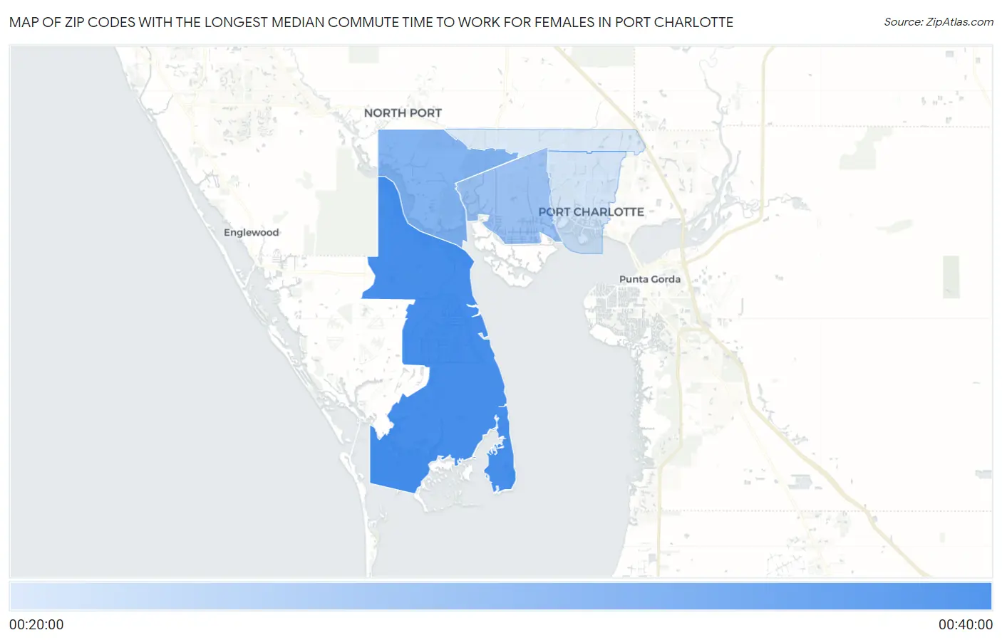 Zip Codes with the Longest Median Commute Time to Work for Females in Port Charlotte Map
