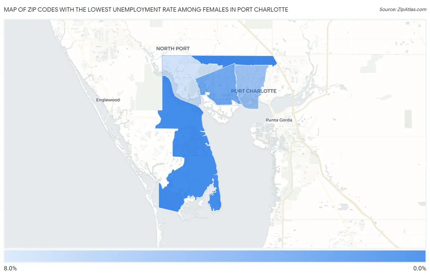 Zip Codes with the Lowest Unemployment Rate Among Females in Port Charlotte Map