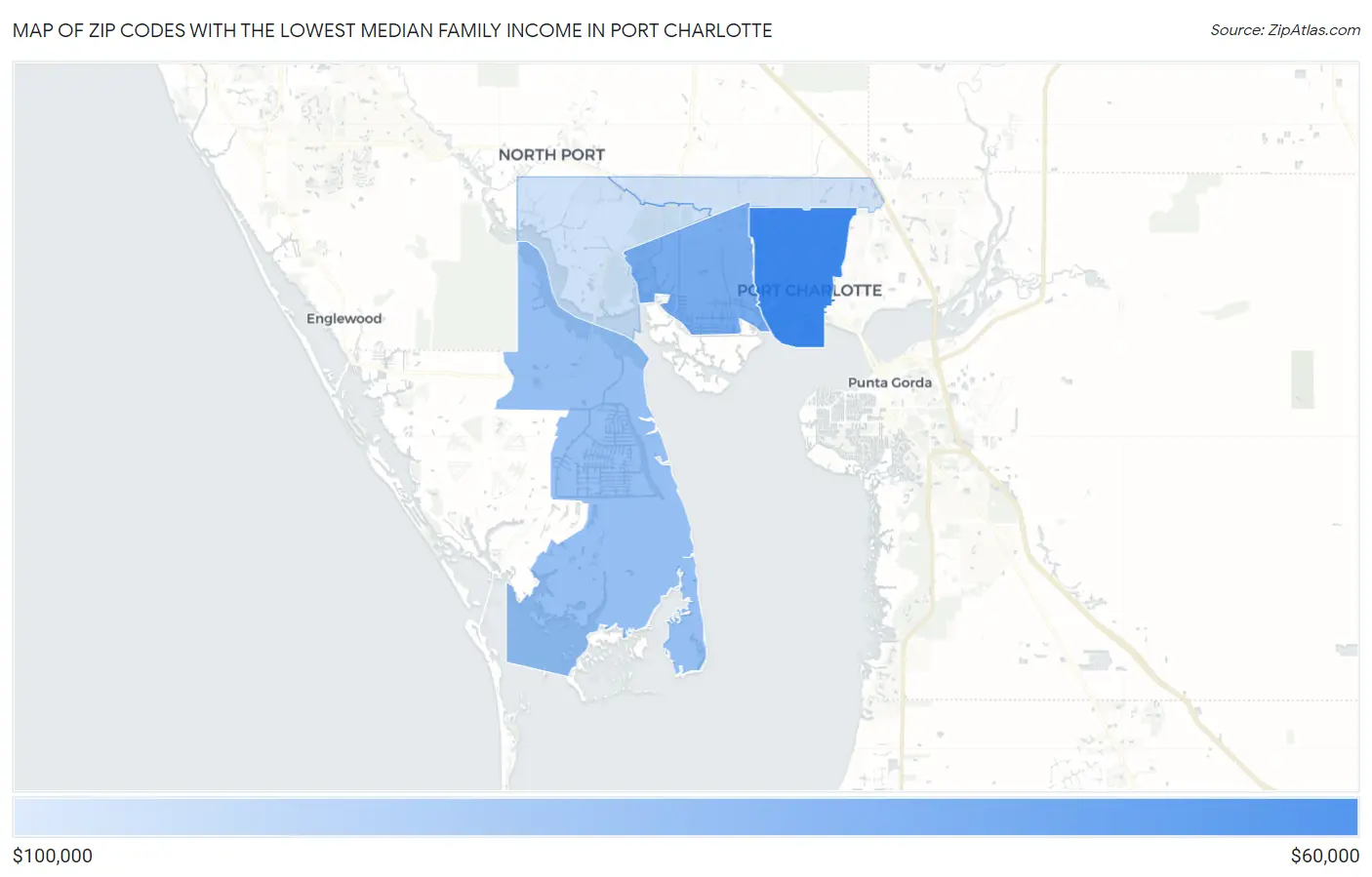Zip Codes with the Lowest Median Family Income in Port Charlotte Map