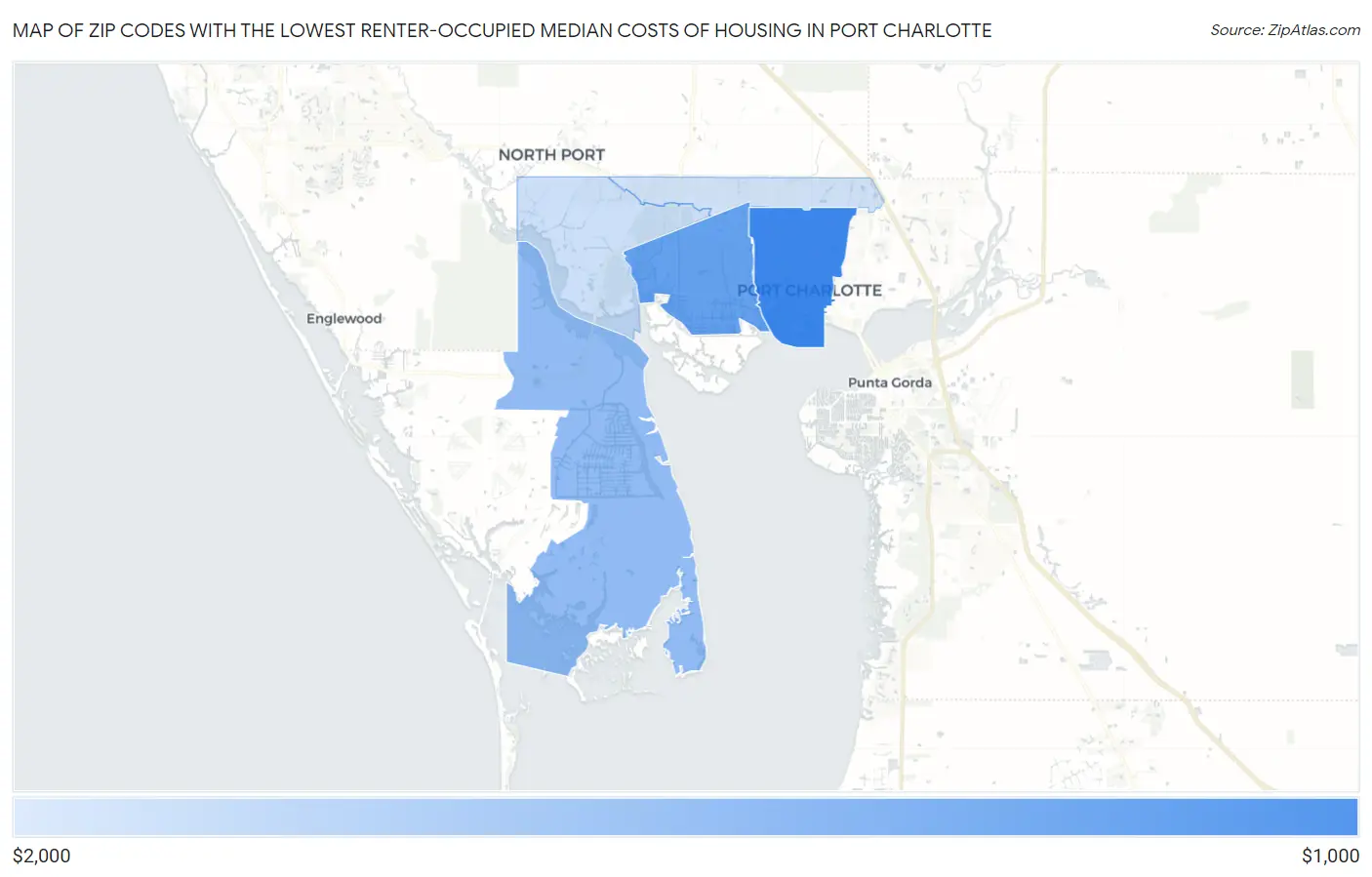 Zip Codes with the Lowest Renter-Occupied Median Costs of Housing in Port Charlotte Map