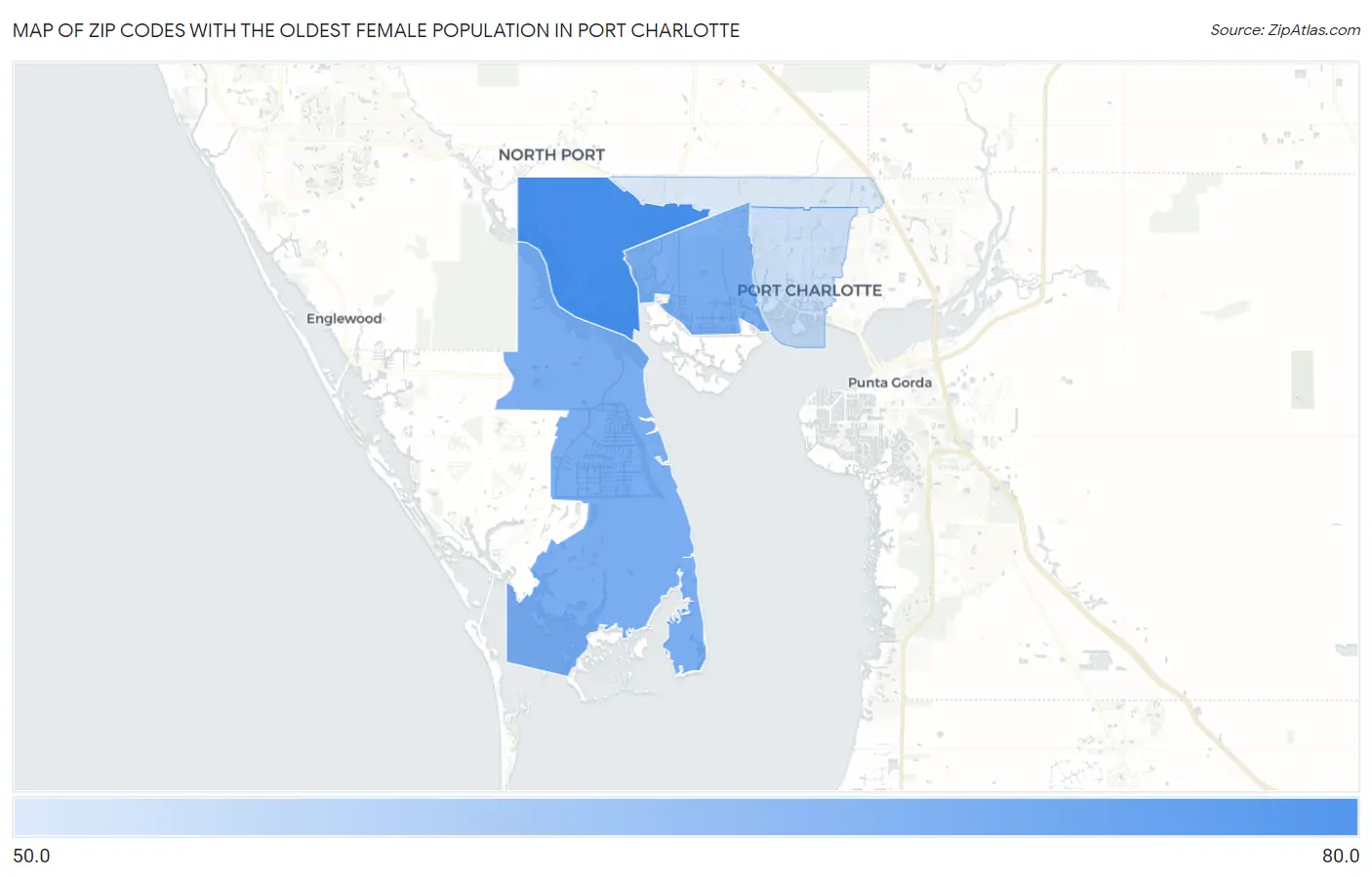 Zip Codes with the Oldest Female Population in Port Charlotte Map