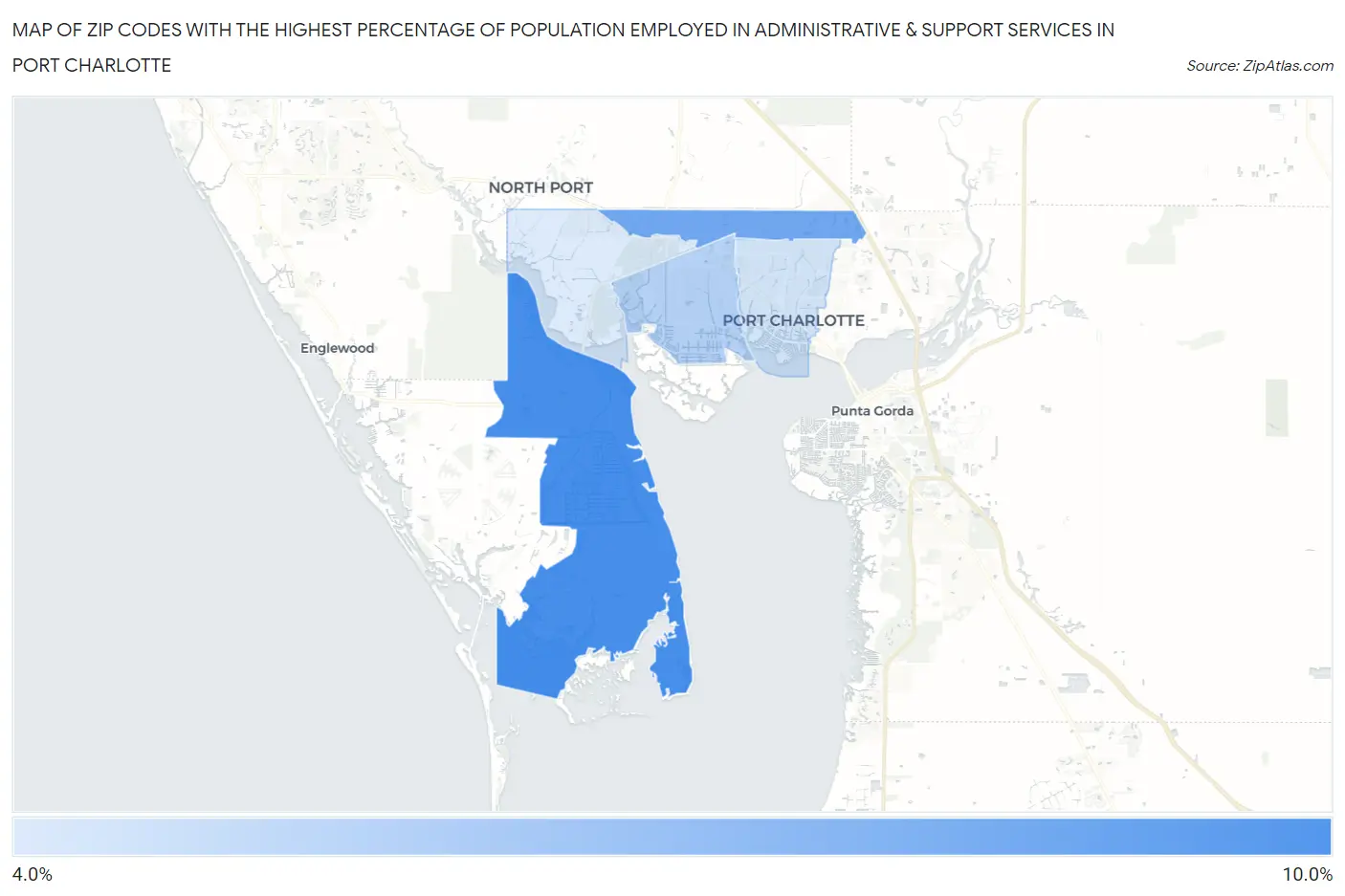 Zip Codes with the Highest Percentage of Population Employed in Administrative & Support Services in Port Charlotte Map