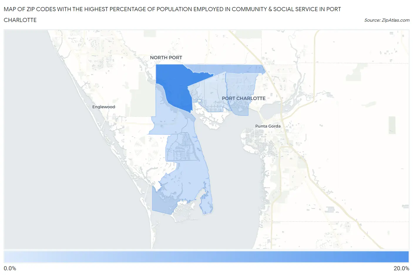 Zip Codes with the Highest Percentage of Population Employed in Community & Social Service  in Port Charlotte Map